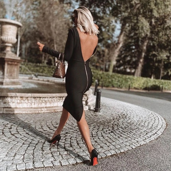 LONG SLEEVE ZIP BACK SLIT BODYCON BANDAGE MIDI DRESS - BLACK - Picture 9 of 17